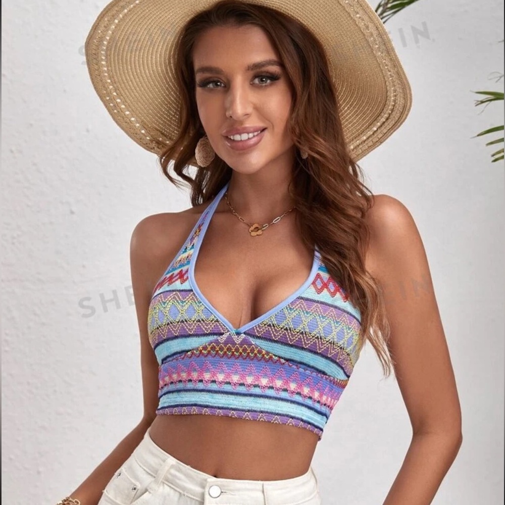 Chevron Print Backless Halter Boho Top